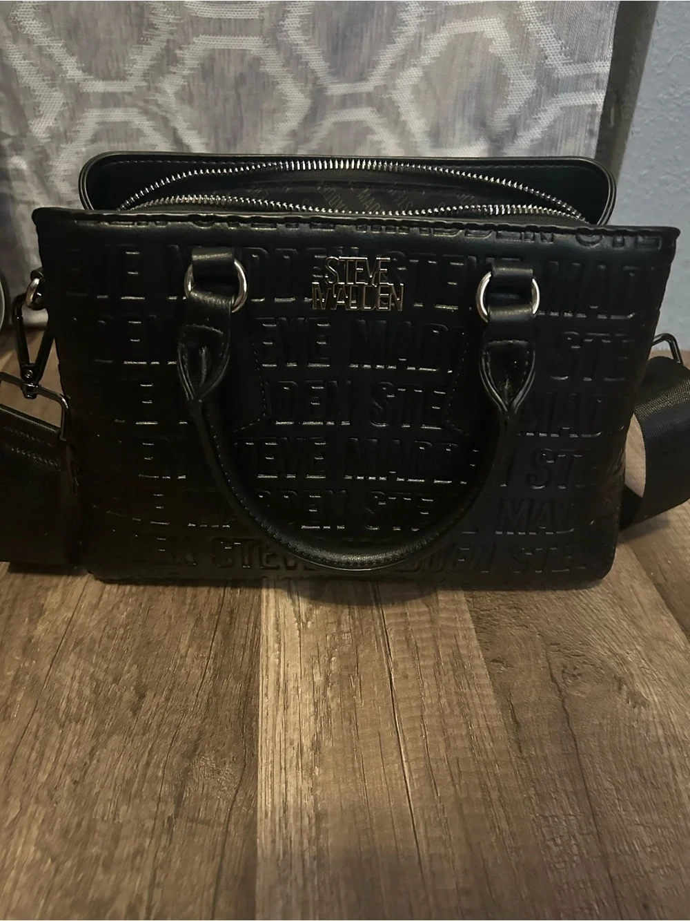 Steve Madden Black Embossed Messenger Satchel